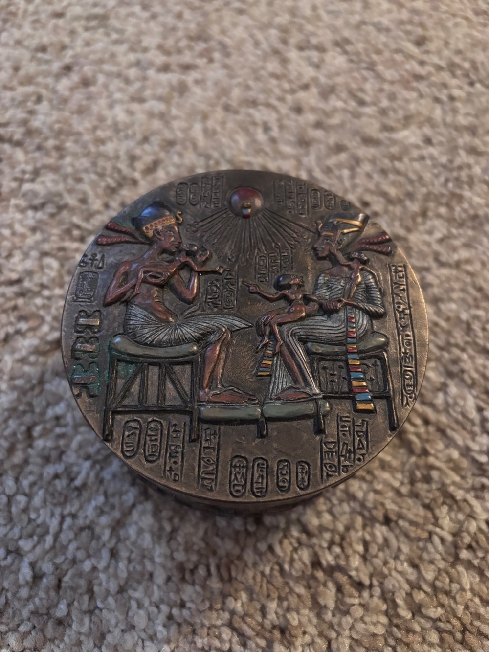 Hand-Painted Egyptian Motif Decorative Trinket Box in Bronze Tone